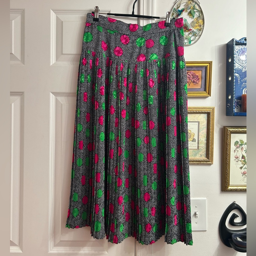 80s vintage polka dot midi skirt - pink, green black and white